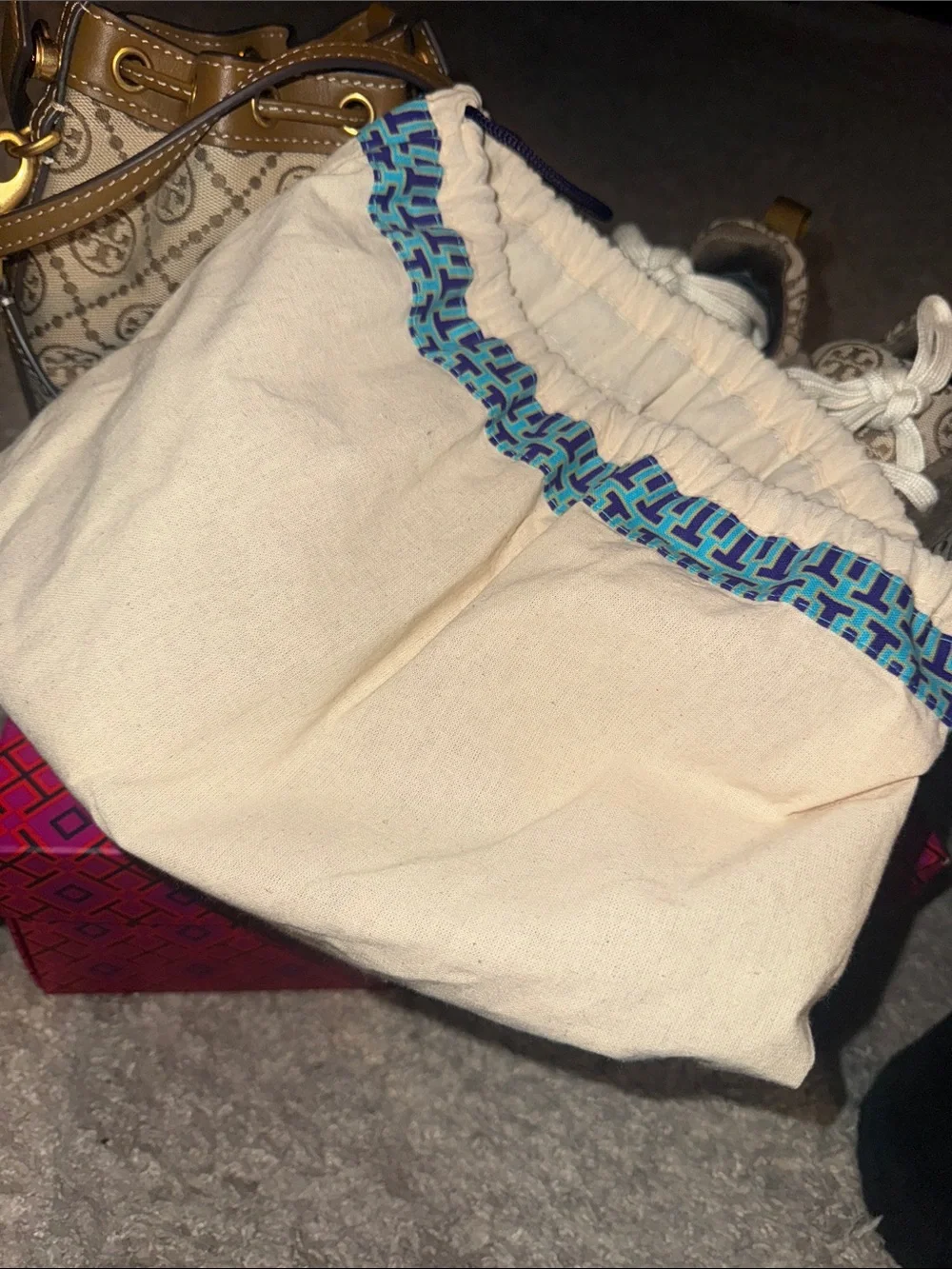 Tory Burch Logo Suede & Canvas Sneakers & matching bucket-bag. Dust-bag too.